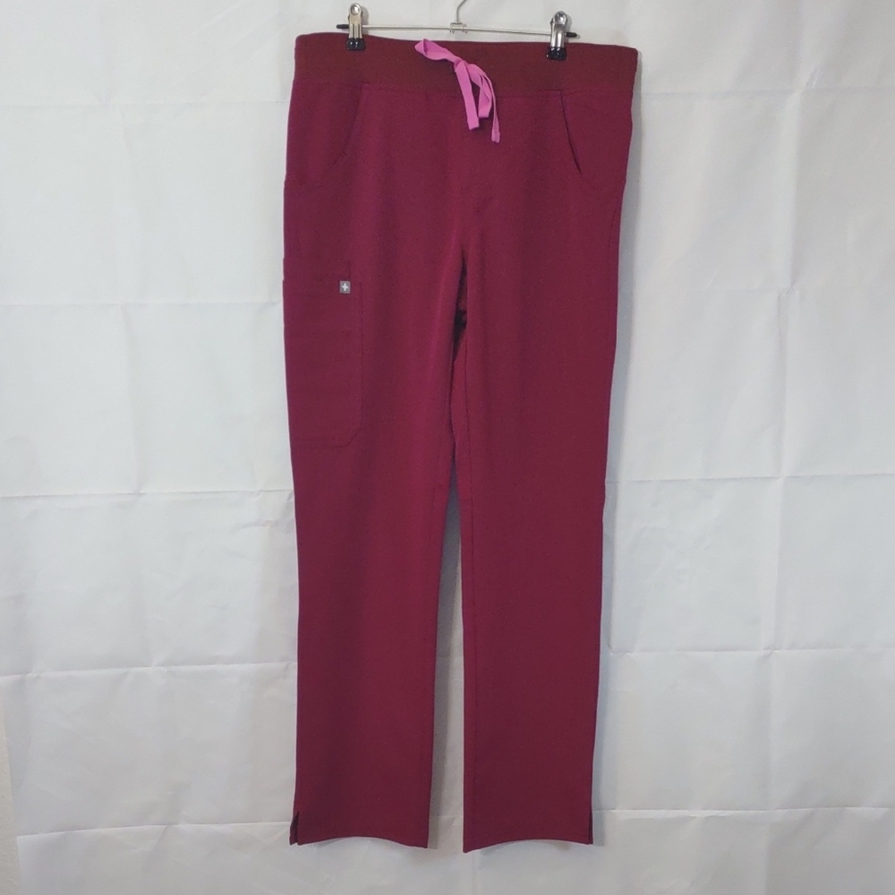 Figs Women's Scrub Pants in Burgundy with Pink Drawstring